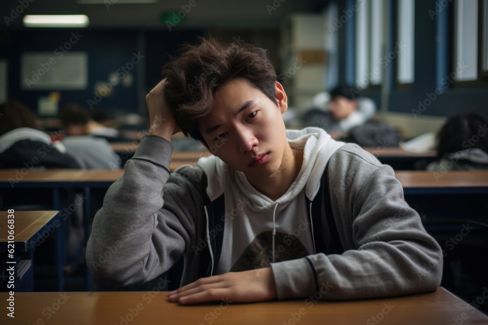 bored asian student sleeping on his desk in the school classroom. holding his head with his hand. Generative AI bored asian student sleeping on his desk in the school classroom. holding his head with his hand. Generative AI