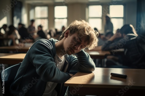 bored blonde student sleeping on his desk in the school classroom. holding his head with his hand. Back to school. Generative AI