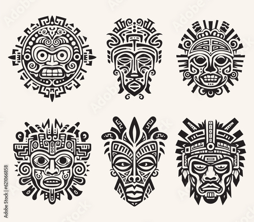 Creative vector set of ancient tribal masks. Indian, Aztec, African, Mayan, historic, tribal, native illustrations.
