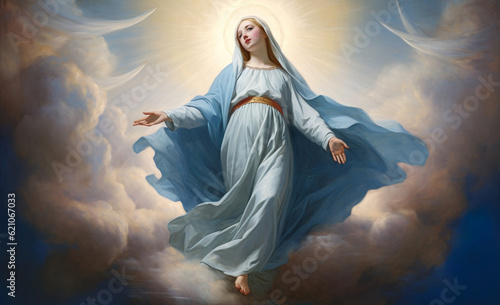 Fényképezés Assumption of Virgin Mary in heaven. Generative Ai