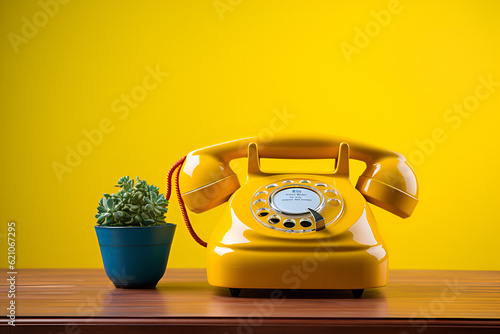 yellow telephone on wooden table