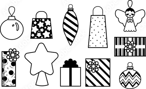 Conjunto de recursos de navidad. Iconos de adornos, esferas y regalos