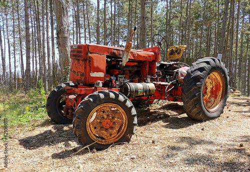 Very old tractor in forest. Red tractor 