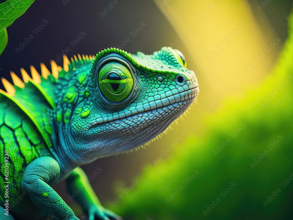 Fototapeta premium Green colored chameleon closeup bright image. ai generative