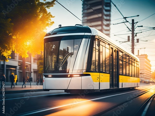 Modern electric tram moving on the streets. ai generative