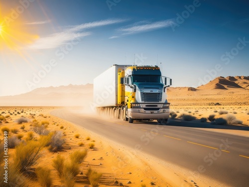 Semi truck driving fast on long road. ai generative © Igor