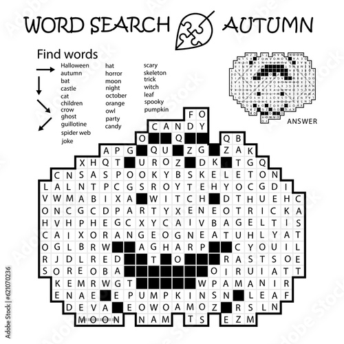 Word Search Crossword Puzzle. Pumpkin. Autumn. Find the listed words in the puzzle and cross them out. Printable black and white educational activity page. Worksheet. Game for kids, adults