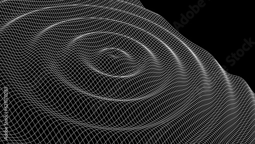 Black vibration and sound wave. Circle pulse wave with points and particles on the dark background. Big data visualization. Vector illustrations.