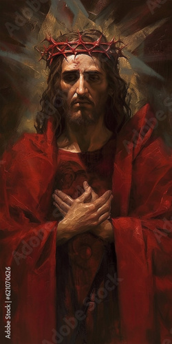 Jesus Christ in a crown of thorns and purple. Pictorial illustration of the Passion of Christ  Good Friday. Religious banner