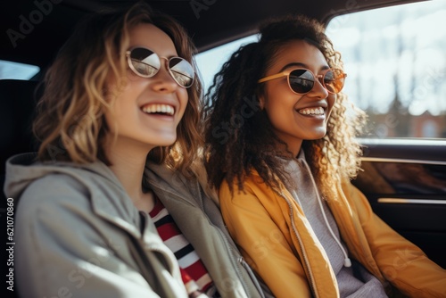 Happy women enjoying summer vacation on road trip, AI Generative © dark_blade