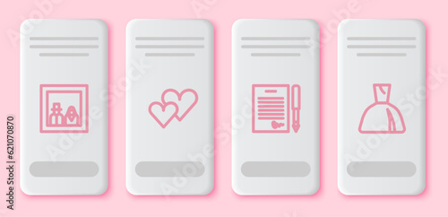 Set line Family photo, Heart, Marriage contract and Woman dress. White rectangle button. Vector