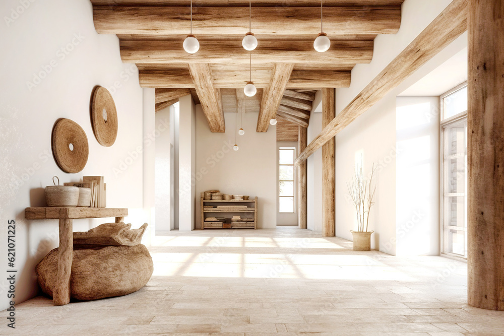 Picture of Spacious hallway with beam ceiling and wooden console table. Interior ...