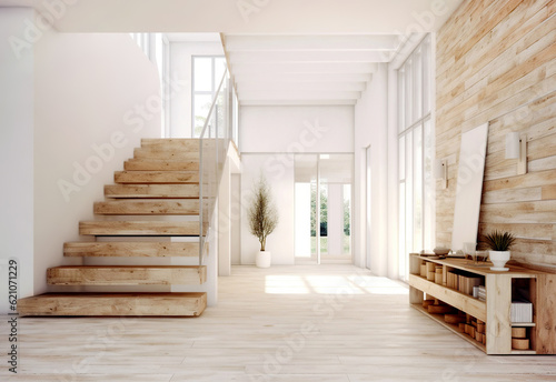 Wooden staircase and lining paneling wall in minimalist style hallway. Interior design of modern rustic entrance hall with door in farmhouse. Created with generative AI