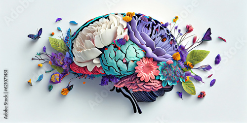Image of the human brain framed by flowers. Generative AI photo