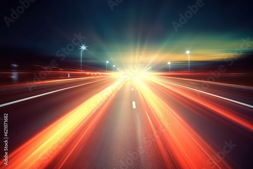 blur and light trails of a race vehicle on a dark highway