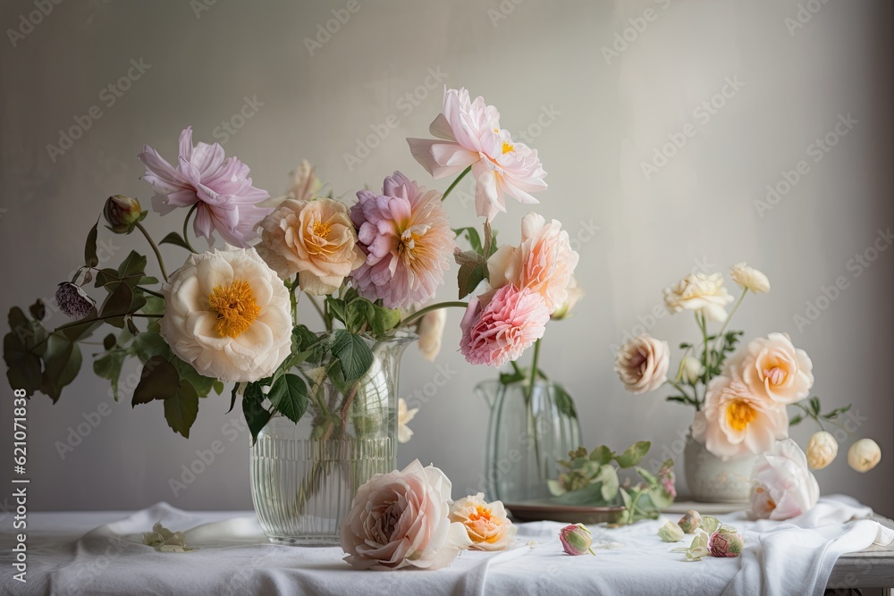 pastel blooms in crystal vase on white table, created with generative ai