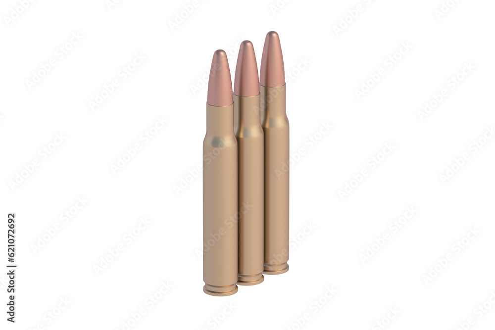 Row of bullets for assault rifle isolated on white background. 3d render