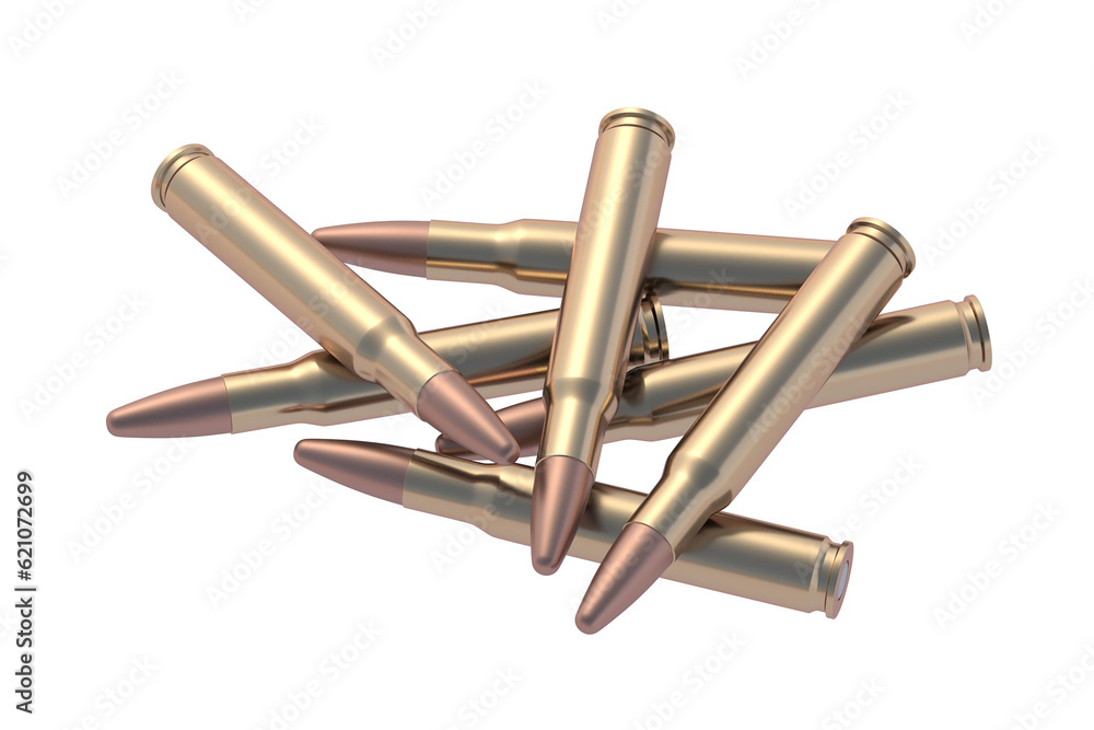 Heap of bullets for assault rifle isolated on white background. 3d render Heap of bullets for assault rifle isolated on white background. 3d render