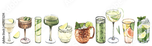 Photography Watercolor banner cocktail glasses: martini, gin,margarita,mojito,liquor,rum,moscow mule