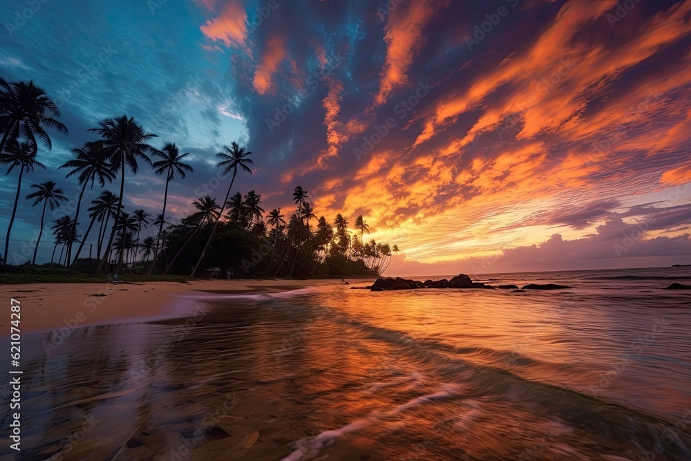 beach with palm trees along a tropical shore. Ocean, tropical foliage, and swooping clouds are all present. a mysterious radiance