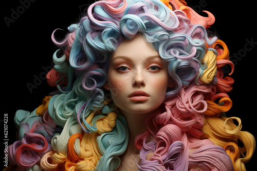 A portrait of a fashion model with swirling colorful hair as if it was made of plasticine or melted plastic