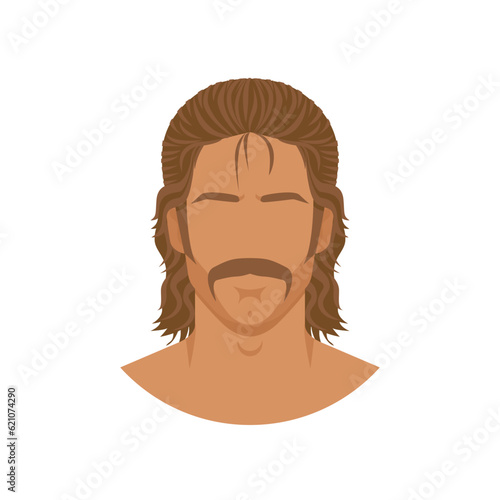 Face of man with mustache and mullet hairstyle