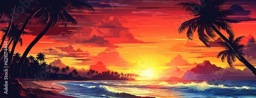 tropical sunset on the ocean with mountains in the background