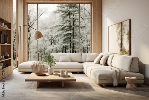 modern living room rendering with wooden accents 3d rendering Generative AI