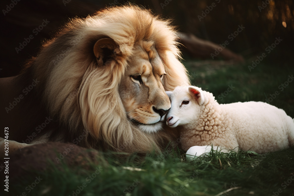 Lion and the Lamb together in adorable scene. Generative AI. Lion and the Lamb together in adorable scene. Generative AI.