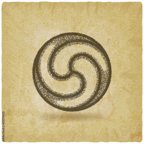 Gankyil Tibetan Symbol. Three swirling and interconnected blades on vintage background