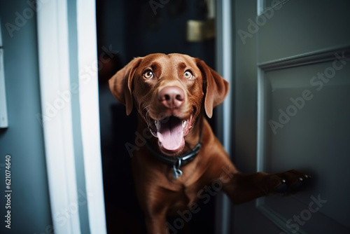 Excited and happy dog ​​in front of the house waiting for his owner to arrive. Generative AI.