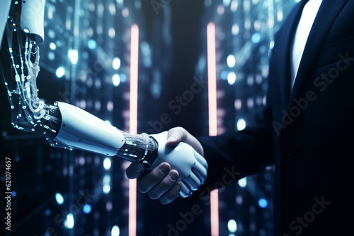 Human collaboration and AI. Closeup of a man shaking hands with a robot and data center in the background. Generative AI.