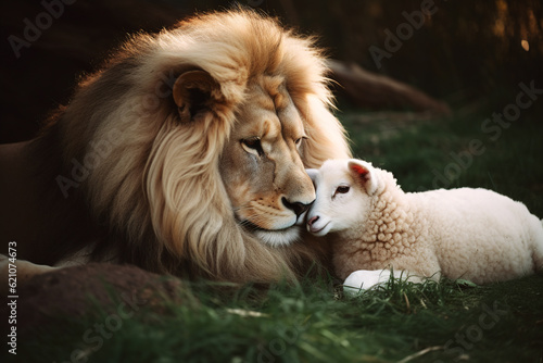 Lion and the Lamb together in adorable scene. Generative AI. © Aimages