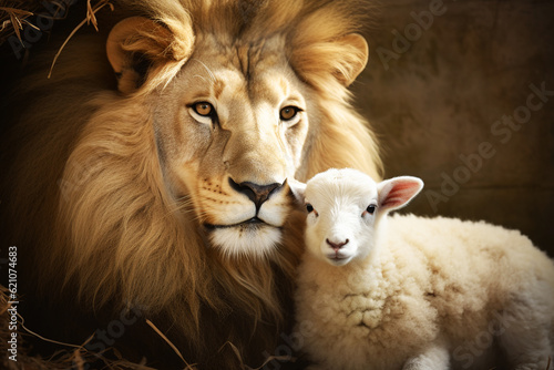 Lion and the Lamb together in adorable scene. Generative AI.
