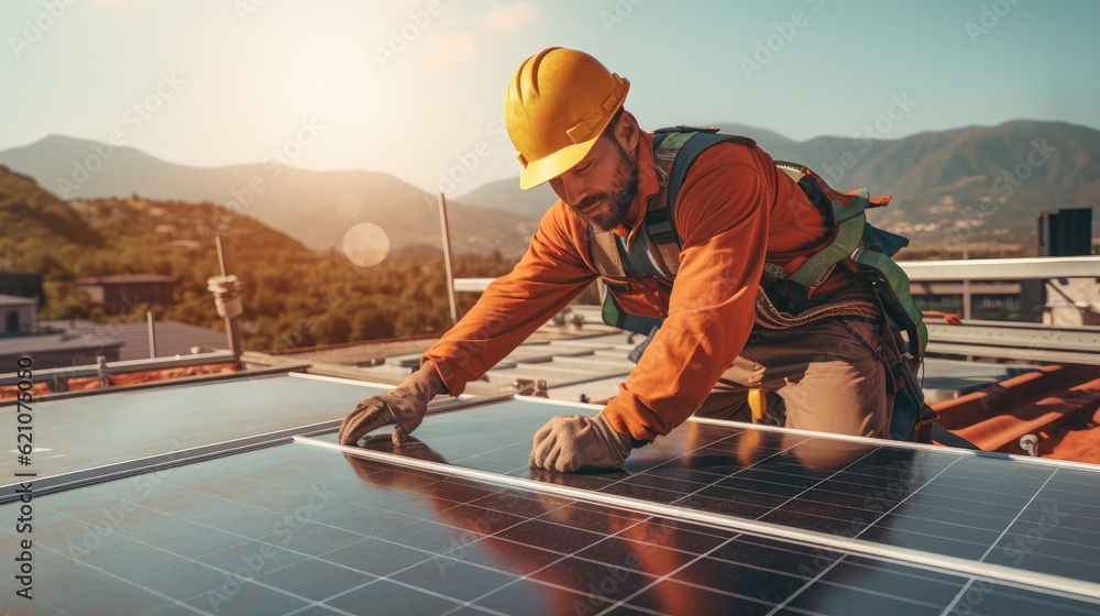 Photovoltaic solar panels, workers Photovoltaic solar panels, workers