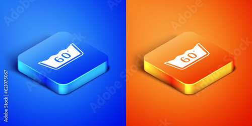 Isometric Washing under 60 degrees celsius icon isolated on blue and orange background. Temperature wash. Square button. Vector