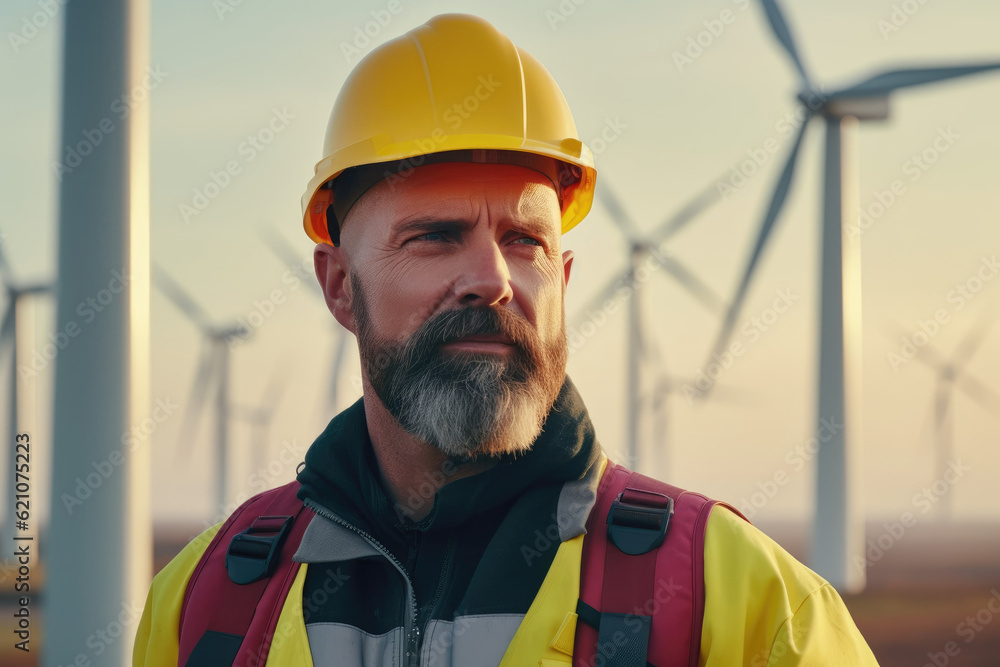 Wind turbine, worker, renewable energy sources, green transition Wind turbine, worker, renewable energy sources, green transition