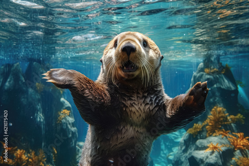 Adorable sight of a playful sea otter, gracefully frolicking underwater. Generative Ai, Ai.