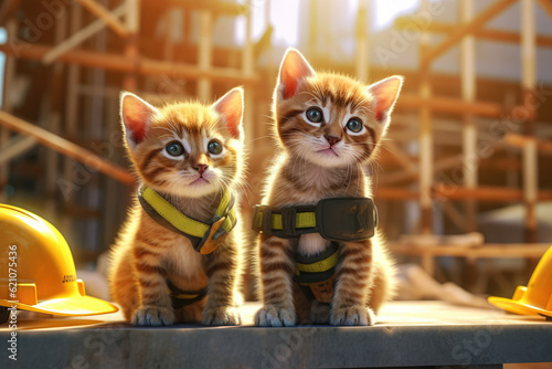 Two adorable kittens, equipped with tiny hard hats, exploring a construction site. Generative Ai, Ai. photo