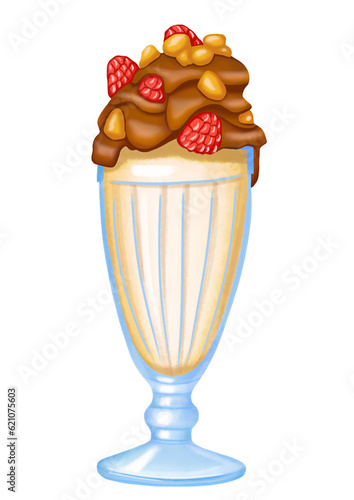 ice cream with whipped cream and berries watercolor illustration