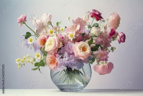 bouquet of pastel flowers in crystal vase, created with generative ai