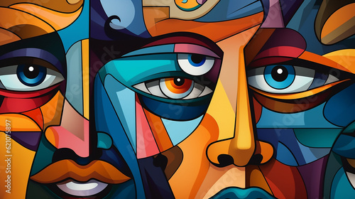 Abstract faces illustration in vibrant colors, cubism style collage for wallpaper, background design, art print. Generative AI.