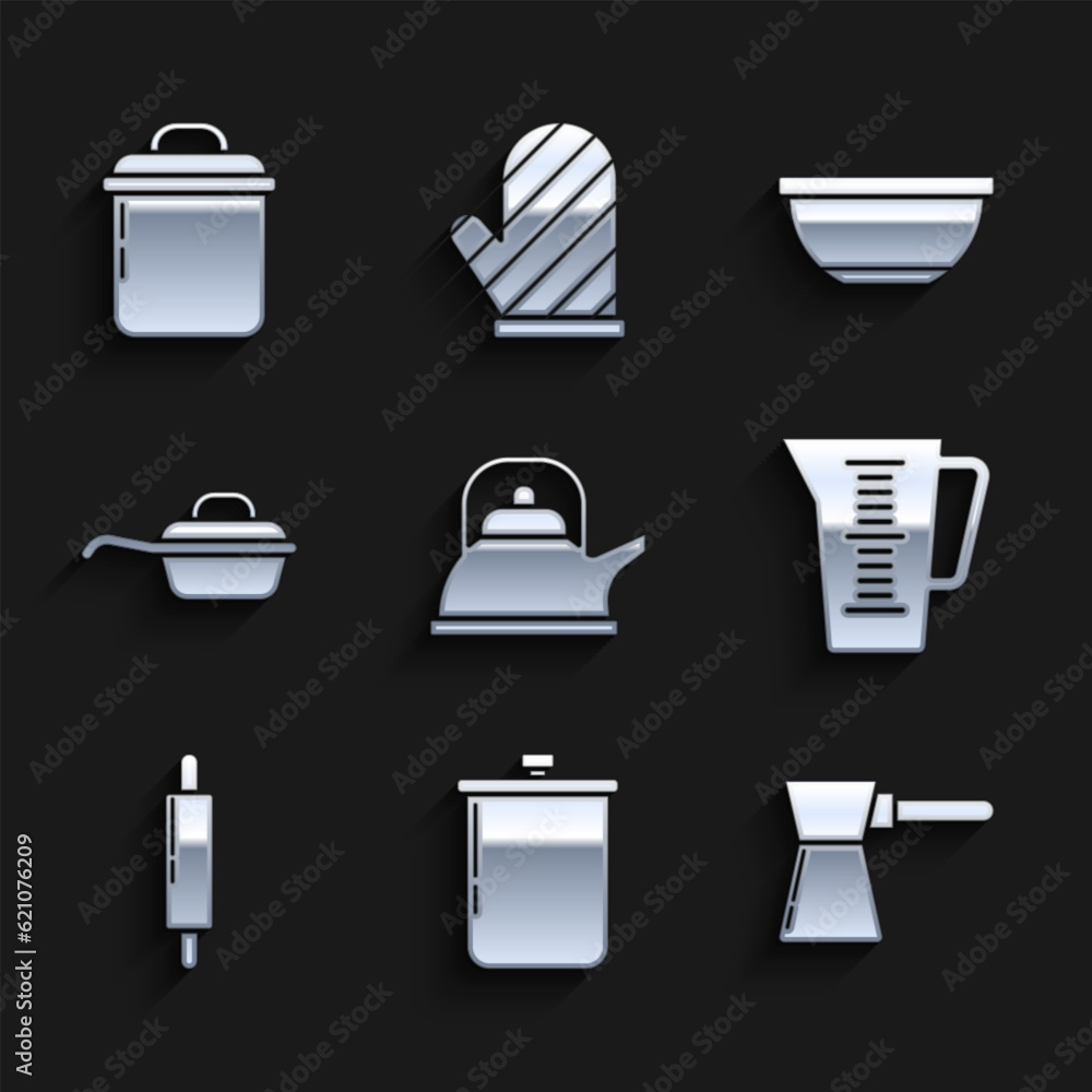 Set Kettle with handle, Cooking pot, Coffee turk, Measuring cup, Rolling pin, Frying pan, Bowl and icon. Vector Set Kettle with handle, Cooking pot, Coffee turk, Measuring cup, Rolling pin, Frying pan, Bowl and icon. Vector