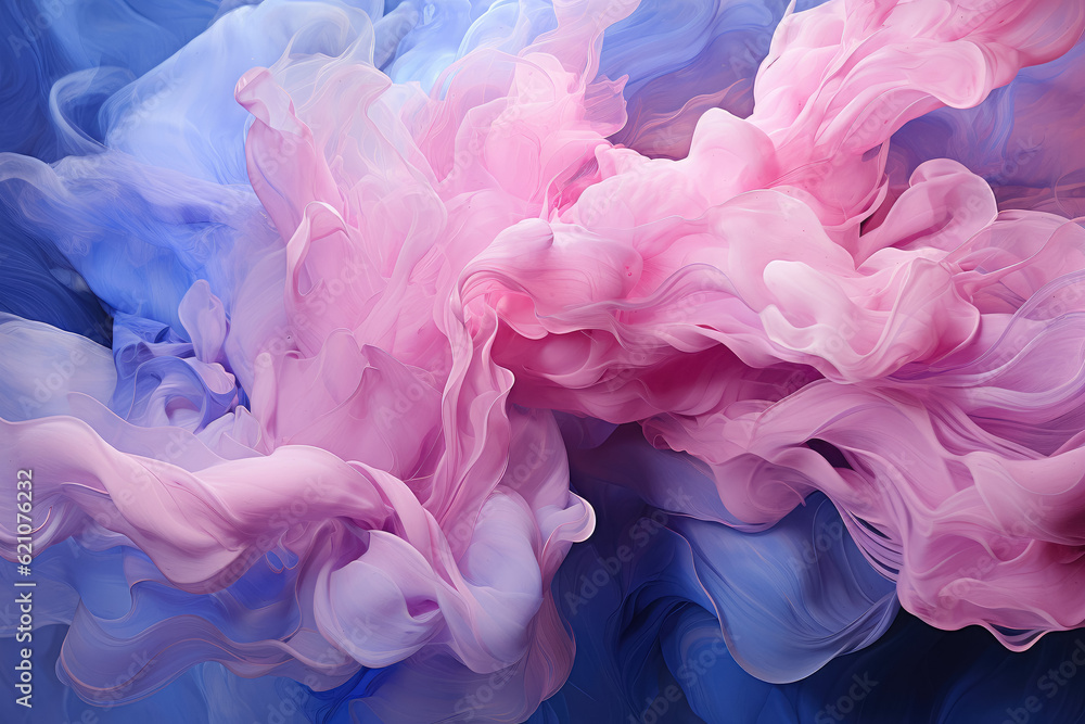 Abstract painting in blue and pink tones, displayed on a pink background, creating a visually striking and contemporary artwork. Generative Ai.