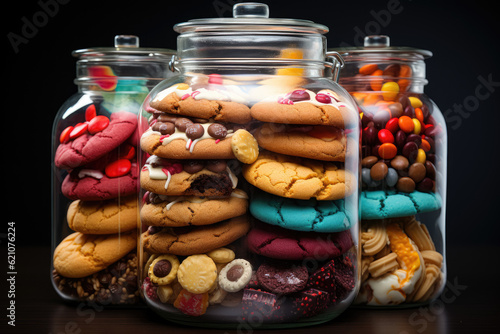 Creative arrangement of a jar filled with colorful cookies, showcasing a stunning and unique design that appeals to the eye. Generative Ai.