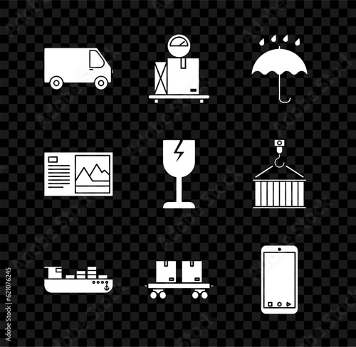 Set Delivery cargo truck vehicle, Umbrella and rain drops, Cargo ship boxes delivery service, Railway carriage, Mobile phone app tracking, Postcard and Fragile broken glass symbol icon. Vector