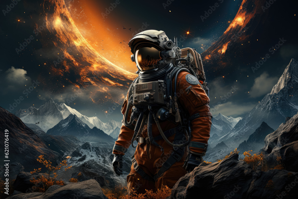Spaceman against a backdrop of a planet, representing the concept of humans in space exploration. Generative Ai.