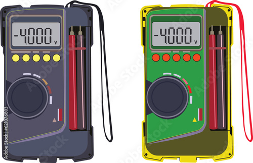 Measuring voltage, ohms and electronics. Multimeter with bright color. Basic components of micro-tech electronics. in transparent background