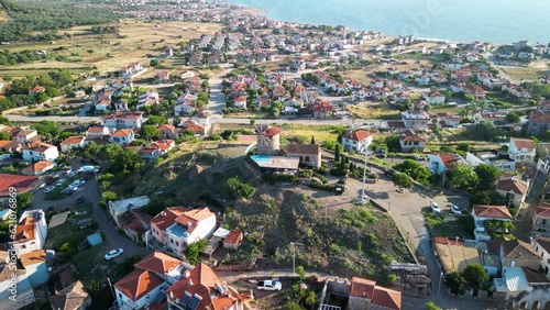 Aerial View of Stone Windmill of Cunda Island, Ayvalik, Turkey. (ID: 621076869)