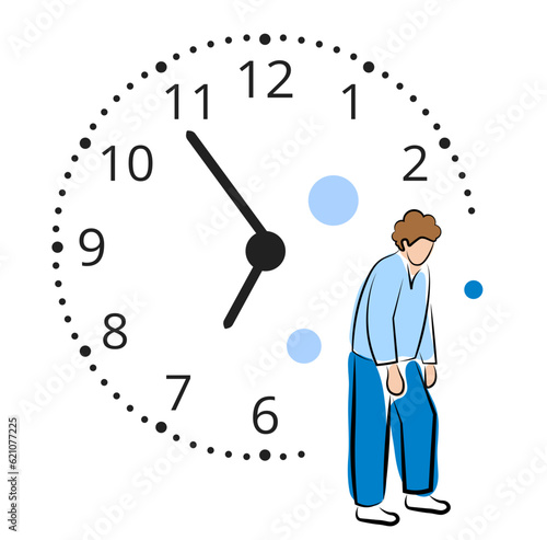 Sleepy guy stands near the clock. 7 a.m. Vector illustration in doodle style. Good morning